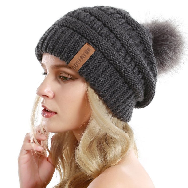 QUEENFUR Women Knit Slouchy Beanie Chunky Baggy Hat with Faux Fur Pompom Winter Soft Warm Ski Cap - Image 2